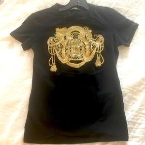 Roberto Cavalli size S black tee with gold monogram and crystals. MINT &…